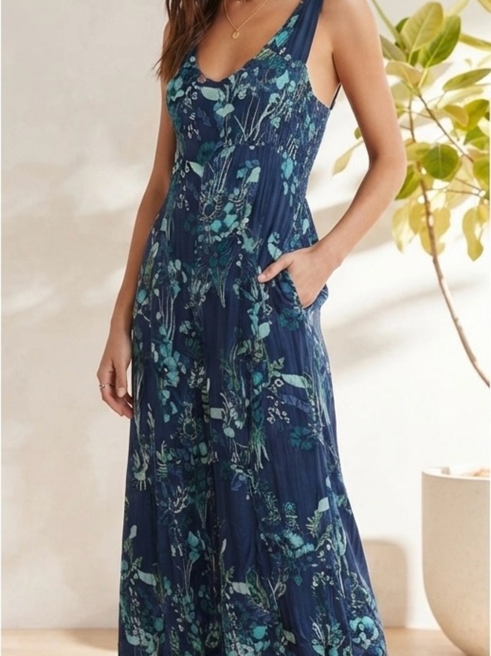 Free People Navy Floral Jumpsuit floral Blue Print size small